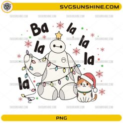 Baymax Christmas PNG featuring Baymax wrapped in colorful Christmas lights with a cute Santa cat