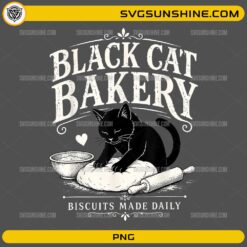 Black Cat Bakery PNG featuring a black cat kneading biscuit dough with a rolling pin and mixing bowl