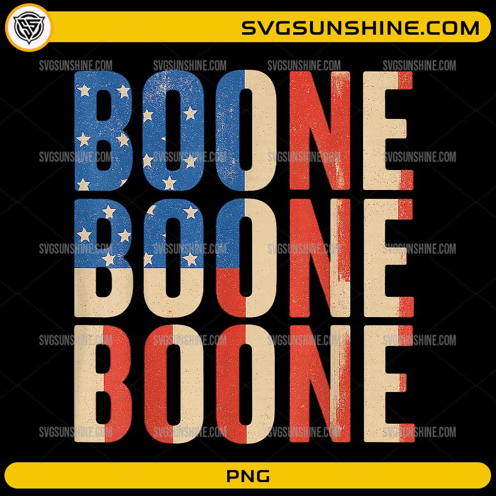 Boone USA Flag PNG with distressed American flag typography for patriotic sublimation and Cricut crafts.