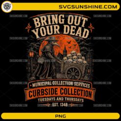 Bring Out Your Dead PNG featuring a vintage plague doctor pulling a cart of skulls under a red moon