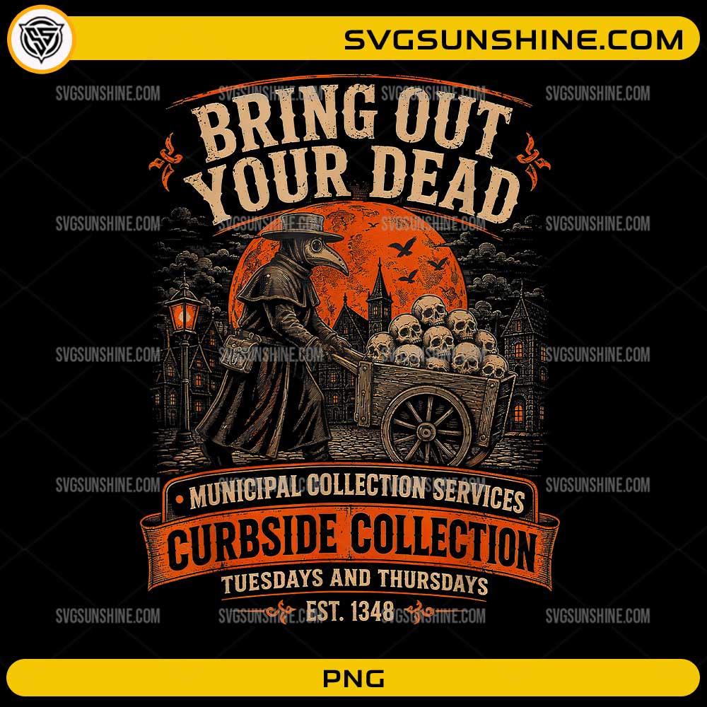 Bring Out Your Dead PNG featuring a vintage plague doctor pulling a cart of skulls under a red moon