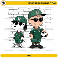 Charlie Brown Snoopy Mexico Soccer PNG featuring two cute cartoon-inspired soccer fans in green Mexico jerseys