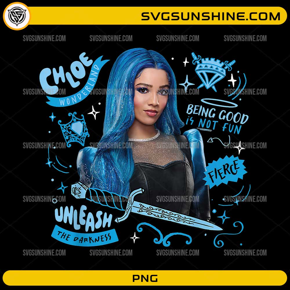 Chloe Wonderland PNG featuring a blue-haired fantasy princess with magical illustrations