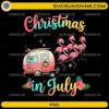 Christmas in July Flamingo Camper PNG with festive flamingos, vintage camper, Santa hats, and tropical holiday decorations.