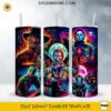 Classic horror icons 20oz skinny tumbler PNG sublimation wrap featuring neon slasher movie inspired artwork and Halloween scenes