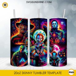 Classic horror icons 20oz skinny tumbler PNG sublimation wrap featuring neon slasher movie inspired artwork and Halloween scenes
