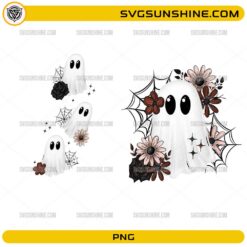 Cute Ghost Halloween PNG with floral accents, spider webs, and adorable ghost illustrations