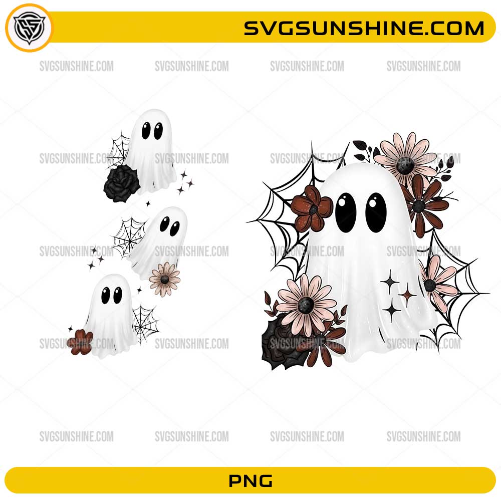Cute Ghost Halloween PNG with floral accents, spider webs, and adorable ghost illustrations