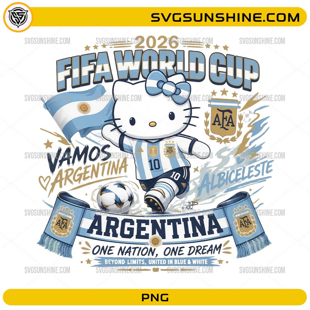 Cute kitty inspired Argentina World Cup 2026 PNG wearing an Argentina soccer jersey with the national flag and soccer ball.