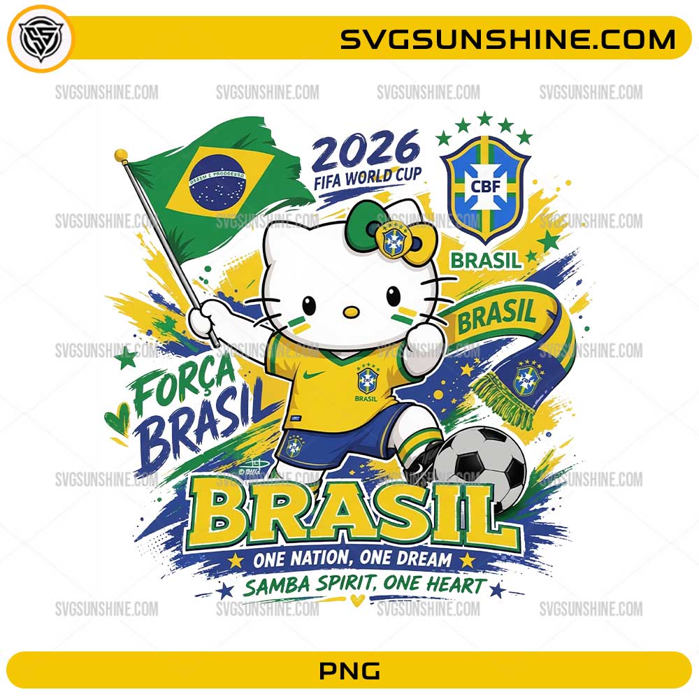 Cute kitty inspired Brazil World Cup 2026 PNG wearing a Brazil soccer jersey while holding the Brazilian flag with a soccer ball.