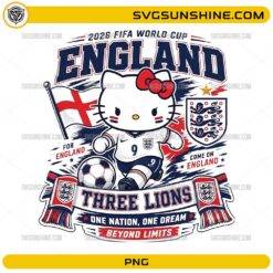 Cute kitty inspired England World Cup 2026 PNG wearing an England soccer jersey with a football and England flag.