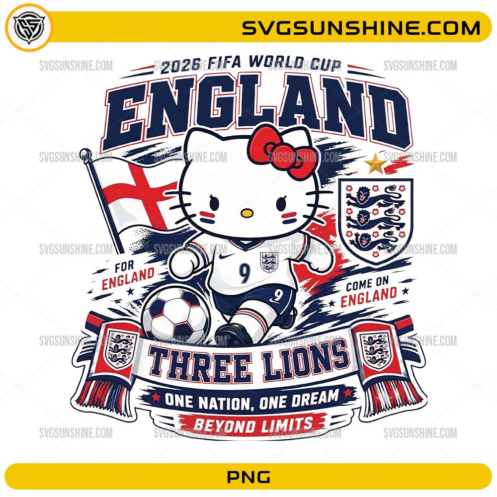 Cute kitty inspired England World Cup 2026 PNG wearing an England soccer jersey with a football and England flag.