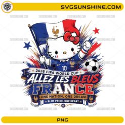Cute kitty inspired France World Cup 2026 PNG wearing a France soccer jersey, holding the French flag and standing beside a soccer ball.