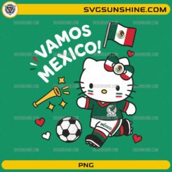 Cute kitty inspired Mexico soccer PNG wearing a Mexico football jersey, waving the Mexican flag with a soccer ball for sublimation.