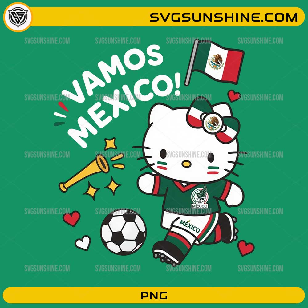 Cute kitty inspired Mexico soccer PNG wearing a Mexico football jersey, waving the Mexican flag with a soccer ball for sublimation.