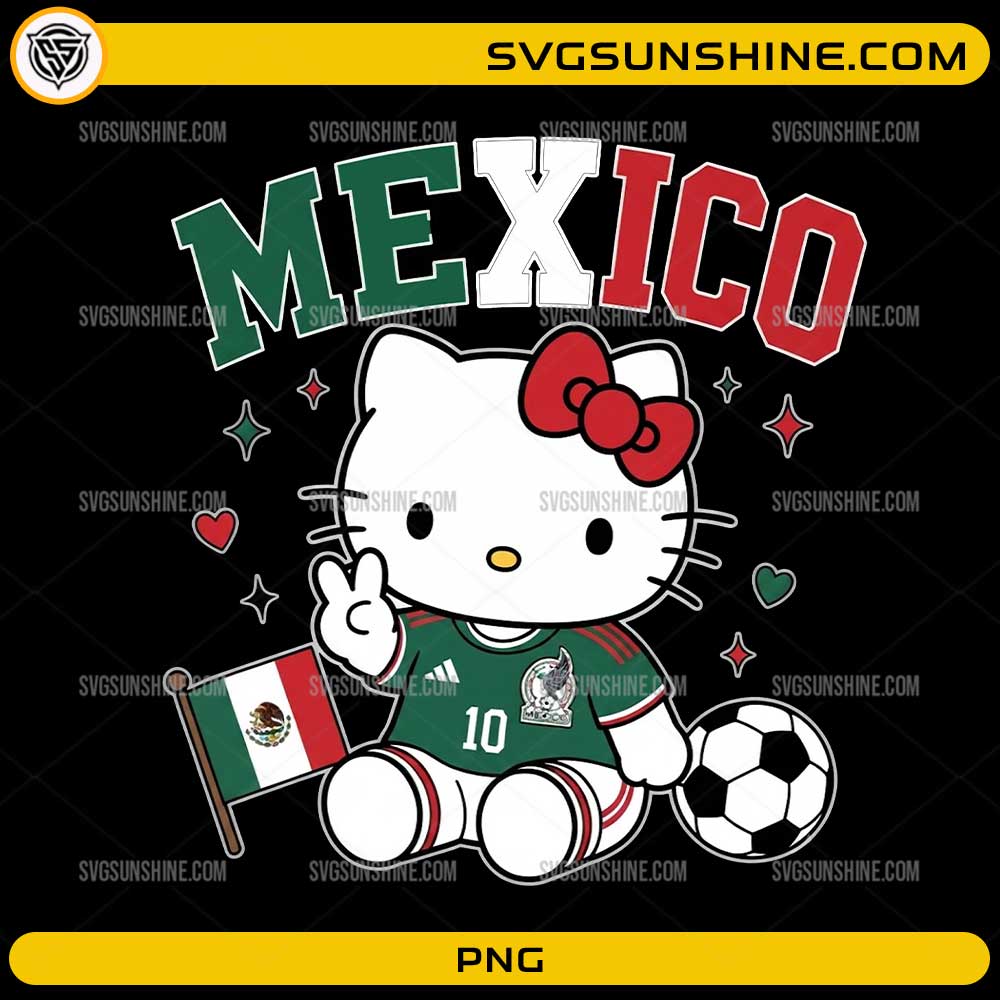 Cute kitty inspired Mexico soccer PNG wearing a green football jersey with Mexico flag and soccer ball for sublimation.