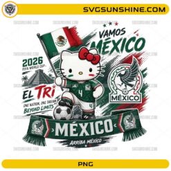 Cute kitty inspired Mexico World Cup 2026 PNG wearing a Mexico soccer jersey, holding the Mexican flag and standing beside a soccer ball.