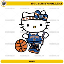 Cute kitty inspired New York Knicks basketball PNG wearing a blue and orange basketball jersey with a basketball.