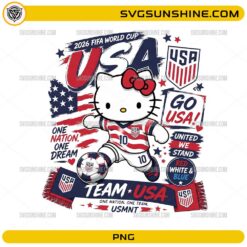 Cute kitty inspired USA World Cup 2026 PNG wearing a USA soccer jersey with a soccer ball and patriotic red white and blue graphics.