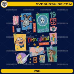 Disneyland 1955 Retro Characters PNG featuring classic Disney-inspired characters in a colorful vintage theme park design