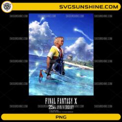 Final Fantasy X Tidus PNG featuring anniversary artwork of Tidus standing in the waters of Spira with his legendary sword.