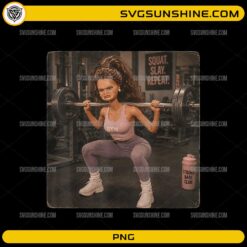 Funny Gym Girl PNG featuring a woman doing heavy barbell squats with a humorous facial expression in a vintage gym scene