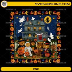 Funny Mummy Ghosts Trick-or-Treat Bears Haunted House PNG featuring cute Halloween teddy bears, ghosts, pumpkins, and a haunted house.
