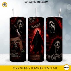Ghost Face inspired horror 20oz skinny tumbler PNG sublimation wrap featuring spooky masked slasher artwork with dark Halloween theme