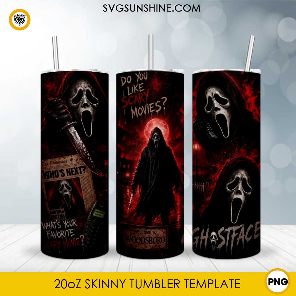 Ghost Face inspired horror 20oz skinny tumbler PNG sublimation wrap featuring spooky masked slasher artwork with dark Halloween theme