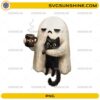 Ghost Holding Black Cat PNG watercolor Halloween design with cute ghost holding a black cat and MEH coffee mug