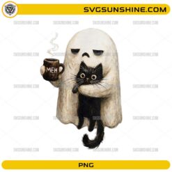 Ghost Holding Black Cat PNG watercolor Halloween design with cute ghost holding a black cat and MEH coffee mug