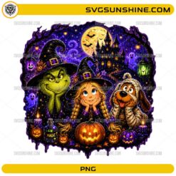 Grinch Halloween Friends PNG with spooky witch characters pumpkins haunted castle and purple Halloween magic