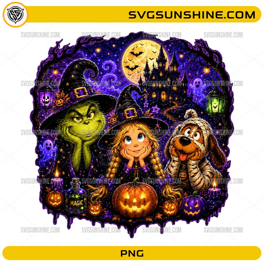Grinch Halloween Friends PNG with spooky witch characters pumpkins haunted castle and purple Halloween magic