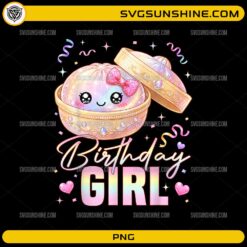Happy Birthday Girl PNG featuring a cute kawaii dumpling in a jeweled box with pastel rainbow colors, bows, hearts, and sparkles