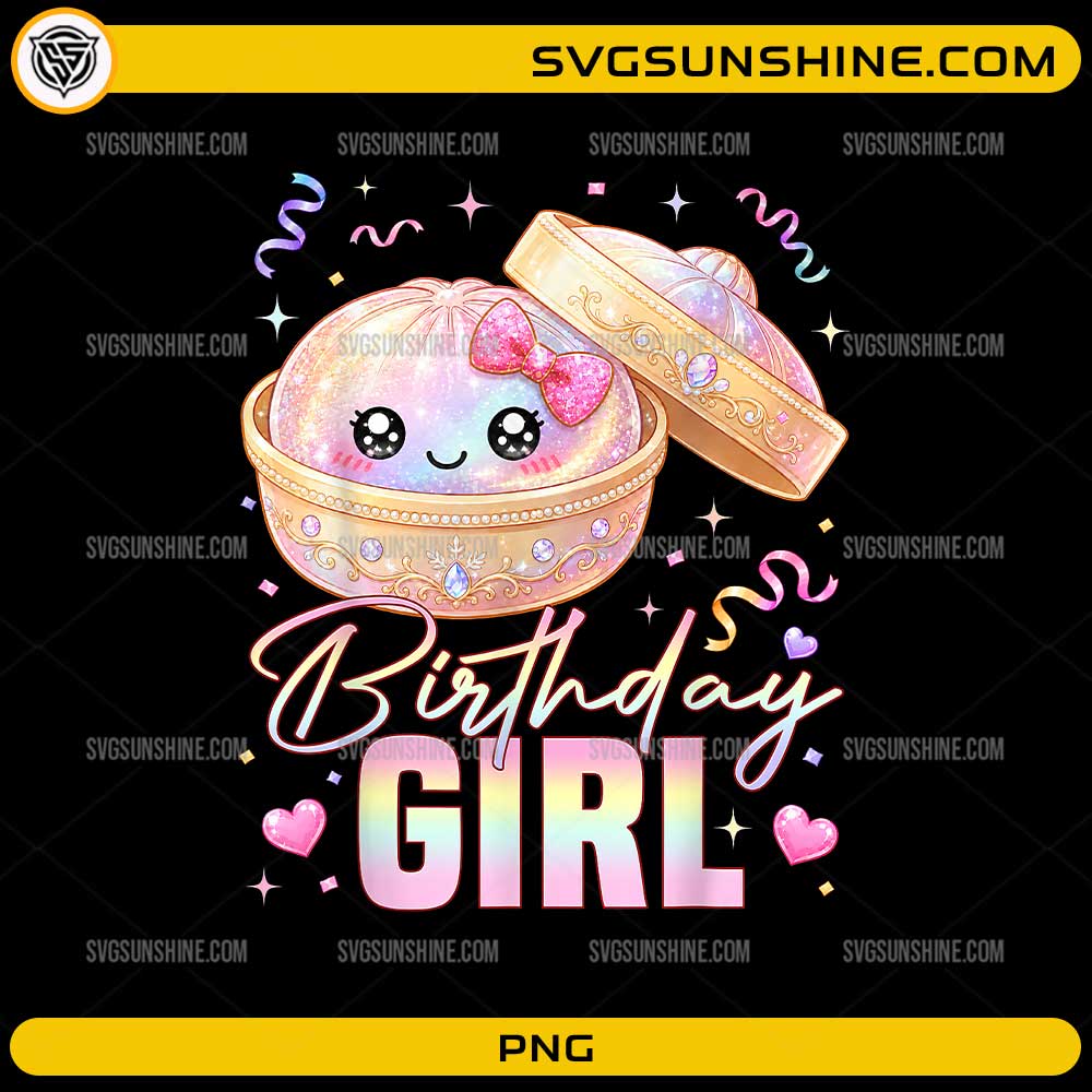 Happy Birthday Girl PNG featuring a cute kawaii dumpling in a jeweled box with pastel rainbow colors, bows, hearts, and sparkles