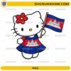 Cute Hello Kitty Cambodia PNG wearing a Cambodia flag dress and holding the Cambodian national flag.