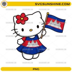 Cute Hello Kitty Cambodia PNG wearing a Cambodia flag dress and holding the Cambodian national flag.