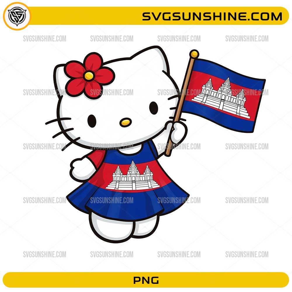 Cute Hello Kitty Cambodia PNG wearing a Cambodia flag dress and holding the Cambodian national flag.
