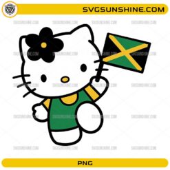 Cute Hello Kitty Jamaica PNG holding the Jamaica national flag while wearing a patriotic outfit.