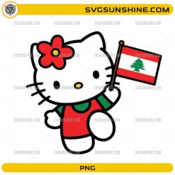 Cute Hello Kitty Lebanon PNG holding the Lebanon national flag while wearing a patriotic outfit.