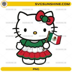Hello Kitty Mexican Girl PNG wearing a traditional Mexico-inspired outfit and holding the Mexican flag