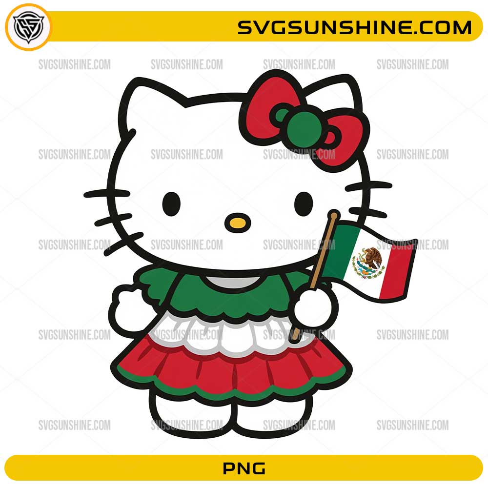 Hello Kitty Mexican Girl PNG wearing a traditional Mexico-inspired outfit and holding the Mexican flag