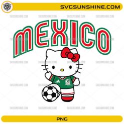 Hello Kitty Mexico Soccer PNG featuring a cute kitty in green soccer jersey with soccer ball