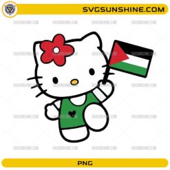Cute Hello Kitty Palestine PNG holding the Palestine national flag while wearing a green patriotic outfit.