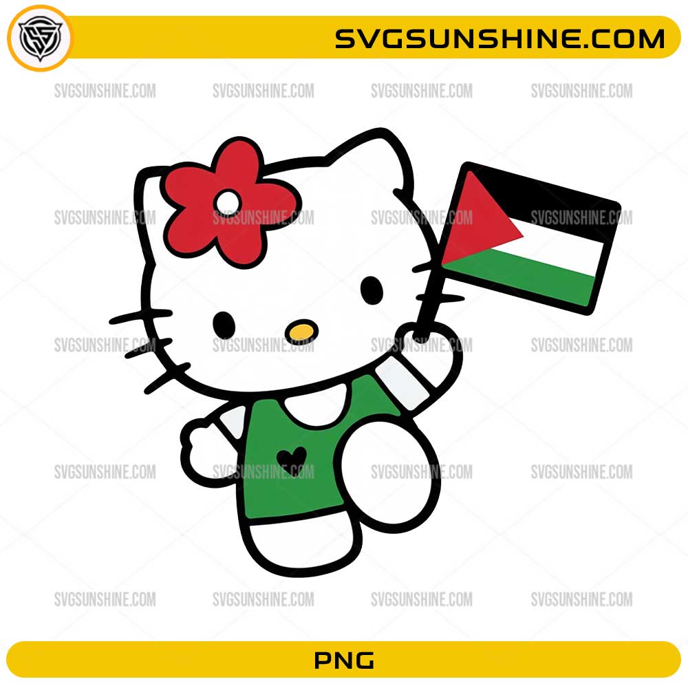 Cute Hello Kitty Palestine PNG holding the Palestine national flag while wearing a green patriotic outfit.