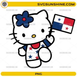 Cute Hello Kitty Panama PNG holding the Panama national flag while wearing a patriotic red, white, and blue outfit.