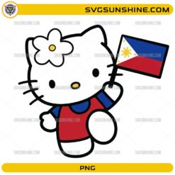 Cute Hello Kitty Philippines PNG holding the Philippines national flag while wearing a patriotic red and blue outfit.