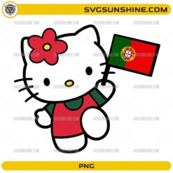 Cute Hello Kitty Portugal PNG holding the Portugal national flag while wearing a patriotic red and green outfit.