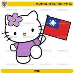 Cute Hello Kitty Taiwan PNG holding the Taiwan flag while wearing a purple patriotic outfit.