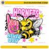 Hornets Never Quit PNG featuring fierce hornet mascot with foam finger number one team spirit design